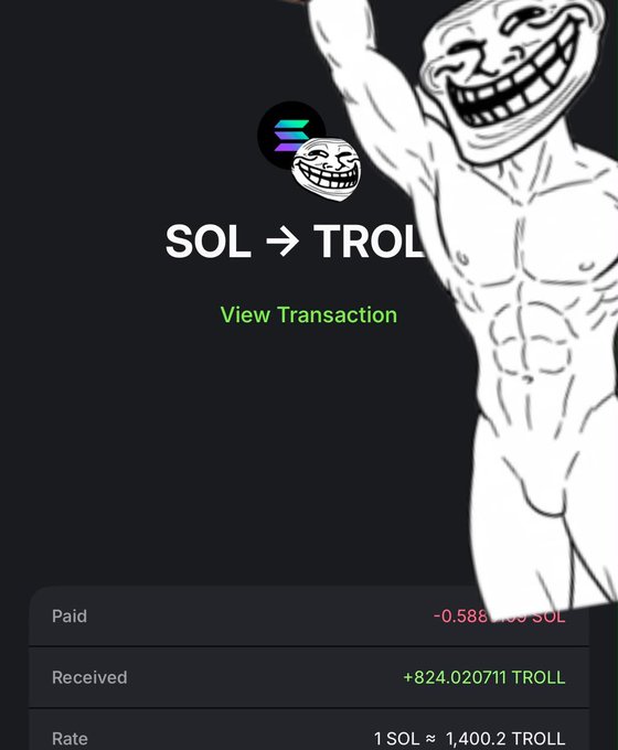 This image visually represents a SOL to TROLL crypto swap, showing a rate of 1 SOL ≈ 1,400.2 TROLL, reinforcing the post's decision to exchange SOL for the $Troll cryptocurrency. The muscular troll meme character suggests a bullish sentiment and excitement about this transaction.