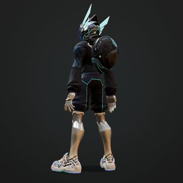 A 3D render of a futuristic robotic or armored figure wearing dark athletic clothing, metallic greaves, and spiked shoulder pads with cyan accents, standing against a dark background.