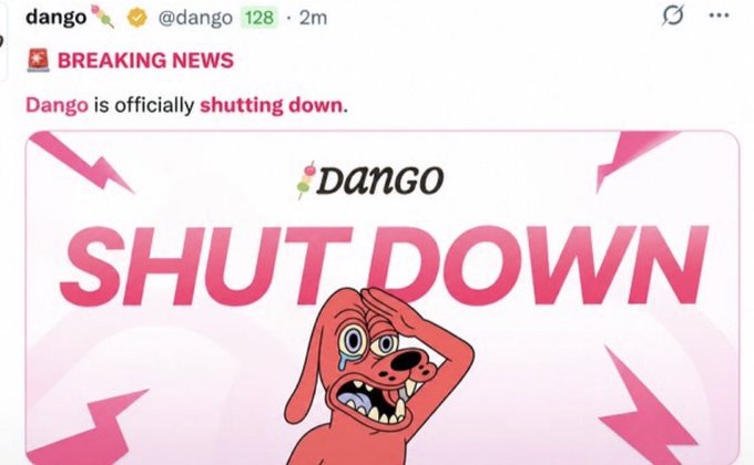 A social media post from 'dango' announcing 'BREAKING NEWS: Dango is officially shutting down' with a crying cartoon dog illustration.