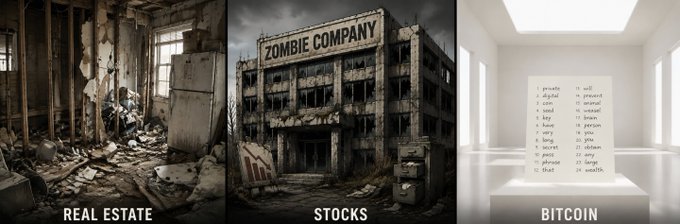 A three-panel image contrasts the complexity of different wealth storage: a dilapidated building labeled "REAL ESTATE," a crumbling structure marked "ZOMBIE COMPANY" for "STOCKS," and a clean, minimalist white room displaying a simple word list captioned "BITCOIN," illustrating the post's argument that a million dollars in Bitcoin requires only a short, permanent seed phrase unlike the ongoing burdens of property or equity management.