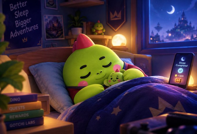 An adorable green cartoon creature sleeps peacefully in bed, cuddling a smaller matching creature, with a phone showing 'Sleep Complete!' and a sign reading 'Better Sleep Bigger Adventures' in the background.