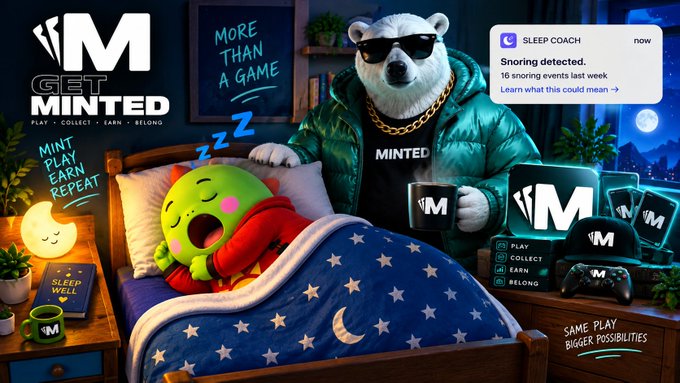A MINTED promotional image showing the polar bear mascot watching over a green emoji character sleeping in bed, with text "GET MINTED", "SAME PLAY BIGGER POSSIBILITIES", and a sleep coach notification.