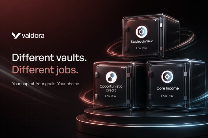 Valdora promotional image stating 'Different vaults. Different jobs. Your capital. Your goals. Your choice.' featuring three dark vault options: 'Stablecoin Yield', 'Opportunistic Credit', and 'Core Income', all labeled 'Low Risk'.