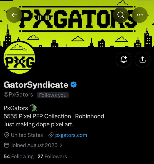 A profile page for GatorSyndicate (@PxGators), a verified user showcasing a '5555 Pixel PFP Collection' made with Robinhood, describing themselves as 'Just making dope pixel art,' based in the United States and joined August 2026.