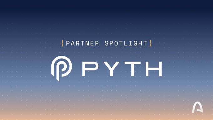 The image features a "Partner Spotlight" graphic highlighting Pyth Network (PYTH) against a starry gradient background, visually representing the partnership announcement with ARC. The sleek branding emphasizes PYTH's role in providing reliable real-time price feeds for DeFi applications.