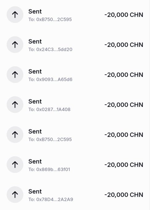 A mobile screenshot showing multiple cryptocurrency transactions, each marked "Sent -20,000 CHN" to various wallet addresses.