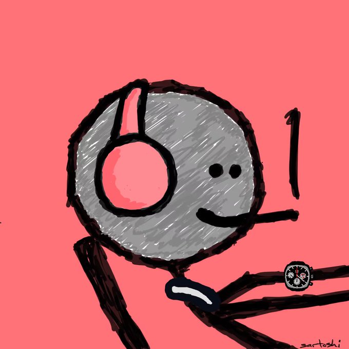 A simple digital drawing of a round gray character with a smile, dot eyes, and what appears to be headphones or earbuds, set against a pink background, with a watch logo watermark.
