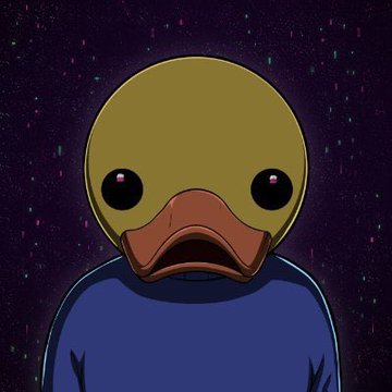A cartoon duck character with a solemn expression and large black eyes stares directly forward against a cosmic, star-speckled purple background. The image's muted, contemplative tone mirrors the post's message about $EPIK's patient development and steady, understated progress during quiet market periods.