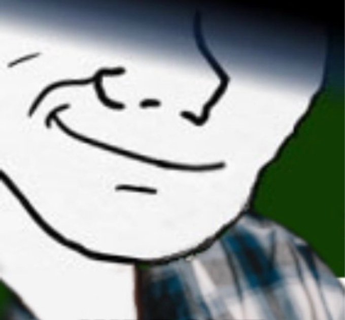 A crude black-and-white line drawing of a face with a smug, smirking expression, wearing a blue and white striped shirt against a green background.