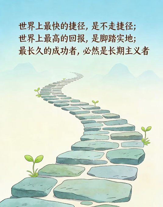 An inspirational Chinese illustration featuring a winding stone path through misty mountains, with the quote: '世界上最快的捷径，是不走捷径；世界上最高的回报，是脚踏实地；最长久的成功者，必然是长期主义者' (The fastest shortcut in the world is to not take shortcuts; the highest return in the world is to stay grounded; the most enduring success belongs to long-term believers).