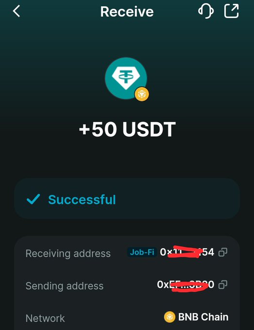 A crypto wallet 'Receive' screen showing a successful transaction of '+50 USDT' on the BNB Chain network, with the receiving and sending Ethereum addresses partially visible (redacted with red marks).
