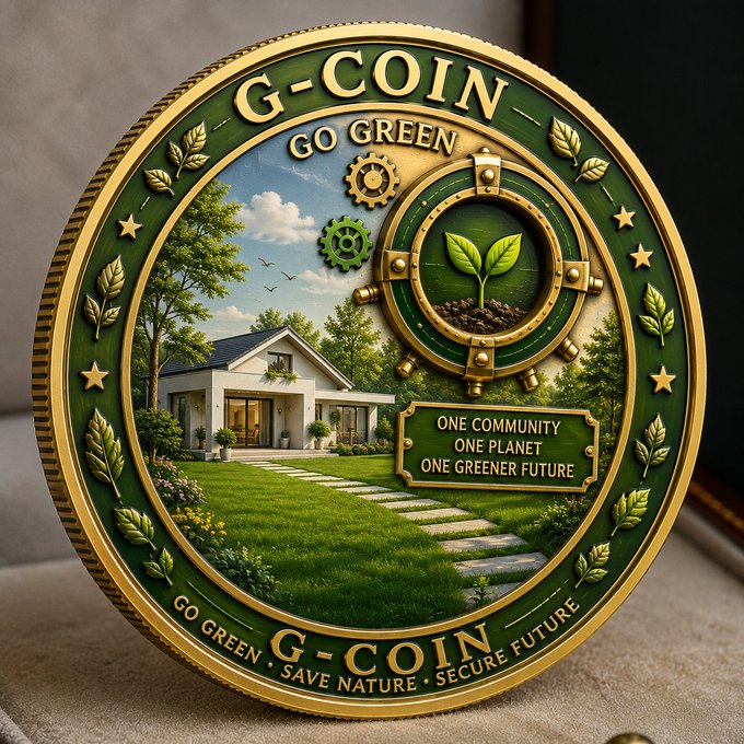 A decorative commemorative coin labeled 'G-COIN' with 'GO GREEN' and 'SAVE NATURE • SECURE FUTURE' text, featuring a modern eco-friendly house, gears, a seedling in soil, and the motto 'ONE COMMUNITY ONE PLANET ONE GREENER FUTURE'.