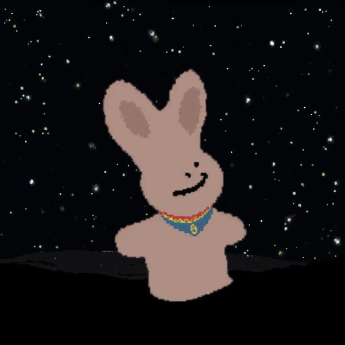 A pixel art illustration of a smiling brown bunny with large ears, wearing a blue and yellow collar, set against a starry night sky background.