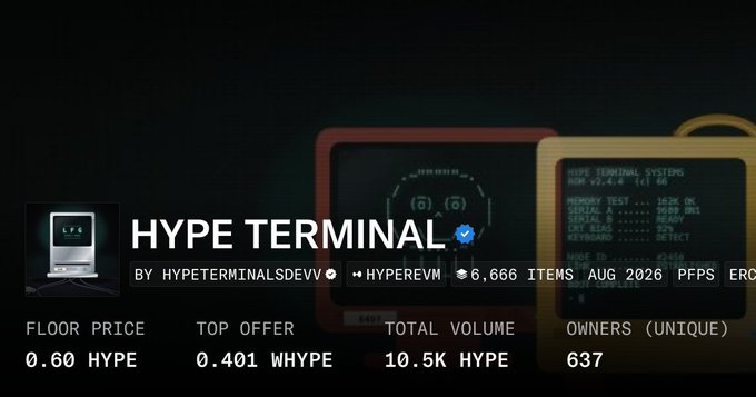 NFT marketplace listing for 'HYPE TERMINAL' by HYPETERMINALSDEVV on HYPEREVM, with floor price 0.60 HYPE, top offer 0.401 WHYPE, total volume 10.5K HYPE, and 637 unique owners.