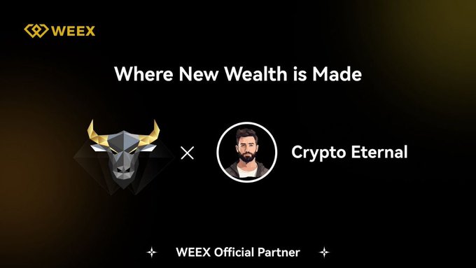 A promotional graphic for the WEEX x Crypto Eternal collaboration, featuring the WEEX bull logo alongside a profile avatar of Crypto Eternal under the headline "Where New Wealth is Made," tagged as a "WEEX Official Partner." The image highlights the partnership event offering new user rewards, including a 10–100 USDT coupon for account binding and a 20% deposit bonus.