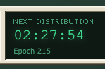 A digital countdown timer reading "NEXT DISTRIBUTION 02:27:54" with "Epoch 215" displayed below, signaling an upcoming on-chain distribution event referenced in the post's discussion of treasury mechanics and net asset value dynamics.