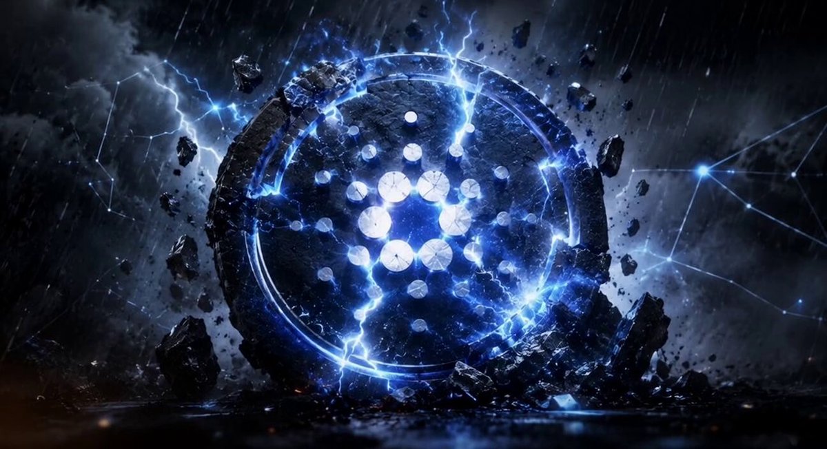 The image features a large blue circle with white dots inside of which there's a lightning bolt. The background shows a stormy sky, indicating that the scene takes place during a thunderstorm or a similar weather event. The caption above the image reads "$ADA People read crisis the wrong way. They think every hit is proof of weakness. But serious ecosystems are not proven when everything is green. They are proven when trust gets tested, damage is taken, and the system keeps moving". This message seems to be related to the content in the image, as it suggests that the lightning bolt represents a sudden event or crisis, which can either strengthen or weaken the ecosystem depending on how well it adapts to the situation.