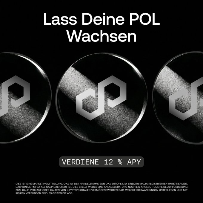 A German-language crypto advertisement reading 'Lass Deine POL Wachsen' featuring three metallic POL coin logos, promoting 'VERDIENE 12 % APY' with a disclaimer about OKX trading.