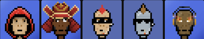 A horizontal lineup of five pixel art character heads with different helmets and hairstyles against a blue background.