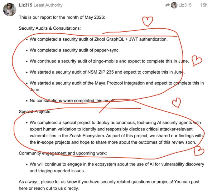 In this image, there is a white document with red text displayed on a page. The red text seems to be a summary or summary report about security audits and consultations for the Zcash cryptocurrency. The document has a few circles, including two larger ones that seem to be highlighting specific points of interest related to the topic. Additionally, there are smaller circles near the edges that provide further context or details. This information could potentially be helpful for those interested in learning more about security protocols or understanding the current status of Zcash development projects and their commitment to talent working on it.