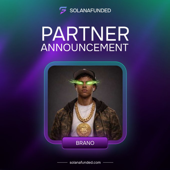 The image features a man wearing a hat with green eyes and a gold chain around his neck. The background of the image is purple, which contrasts with the man's attire. The text "Partner Announcement" is written above the man's head in white letters.