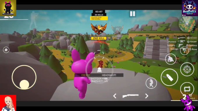 A screenshot from a mobile battle royale game shows a pink bunny-like character with '2ND KILL' and 'HEADSHOT!' notifications, with 25 kills and a timer of 03:07 visible on the HUD.