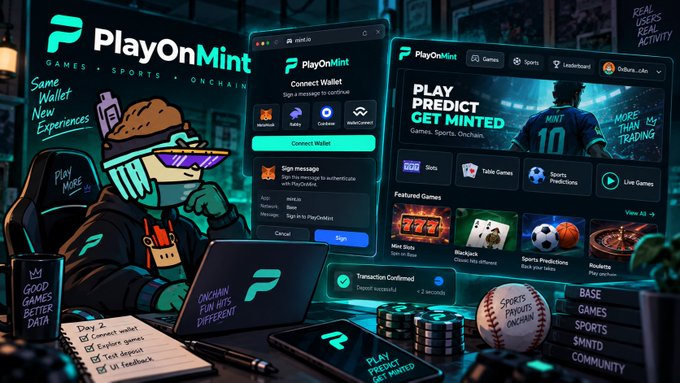 A promotional graphic for 'PlayOnMint' featuring a cartoon character and a website interface displaying games, sports predictions, and wallet connection options.