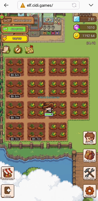 A screenshot from the ELF Continent game on elf.cidi.games showing player "viktorbaltaar" (Lv.27) with 15 farm plots of various crops nearly ready for harvest (8h 6m to 8h 7m remaining), supporting the post's claim of reaching maximum farm plot capacity.