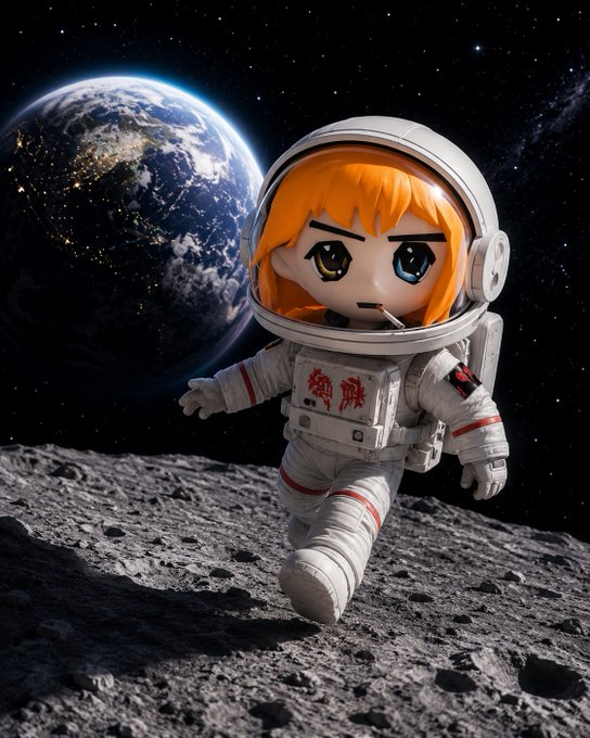 An anime-style figurine of an orange-haired character in a spacesuit walking on the moon's surface with Earth visible in the starry background.