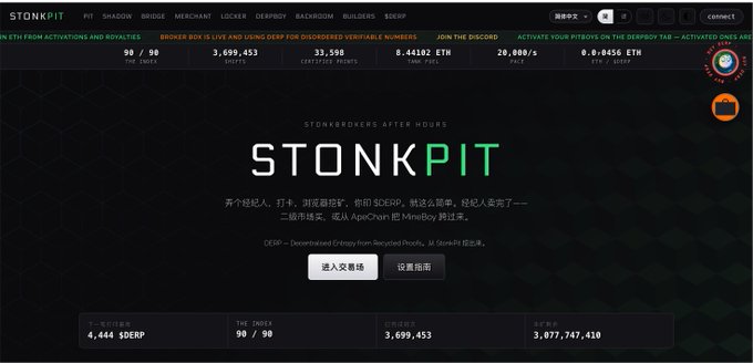 The image shows the homepage of StonkPit's official website (stonkpit.xyz), featuring a dark-themed interface with the prominent "STONKPIT" logo and a welcome message in Chinese. Key metrics displayed include $DERP trading at 8.44182 ETH with a total supply of 3,699,453 tokens, 90/90 SHARES, and an ETH floor price of 0.8456 ETH, aligning with the post's description of it being a PoW mining protocol on Robinhood featuring the $DERP token.