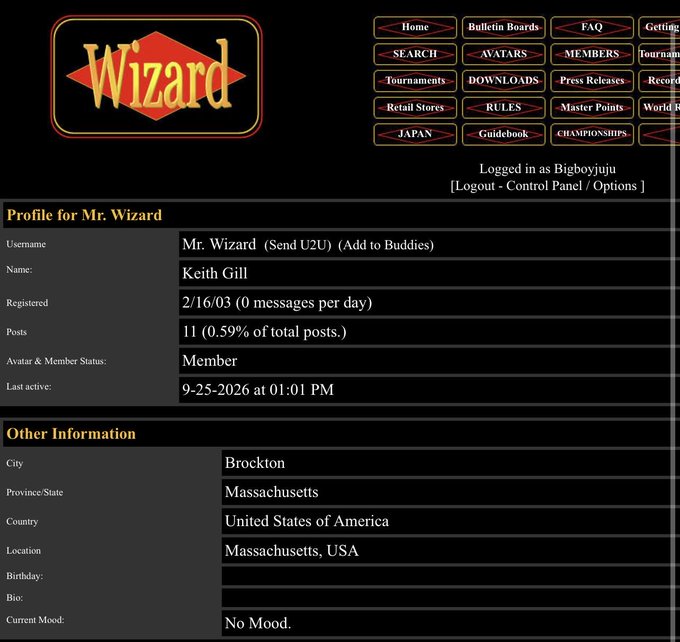 A profile page for "Mr. Wizard" (real name Keith Gill) on the Wizard World forums, showing he is registered in Brockton, Massachusetts with the username "Bigboyjiju." The image ties to the post's mention of Keith Gill, as it displays the profile of the man referenced as potentially returning to social media on December 25th.