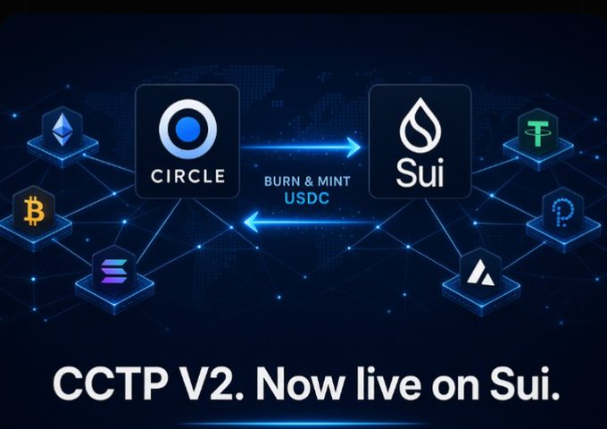 The image announces "CCTP V2. Now live on Sui," showing a flow between Circle and Sui networks labeled "BURN & MINT USDC," surrounded by logos of supported blockchains like Ethereum, Bitcoin, Solana, and Tether. It visually represents Circle's Cross-Chain Transfer Protocol enabling USDC to move natively between Sui and 29 other blockchains.