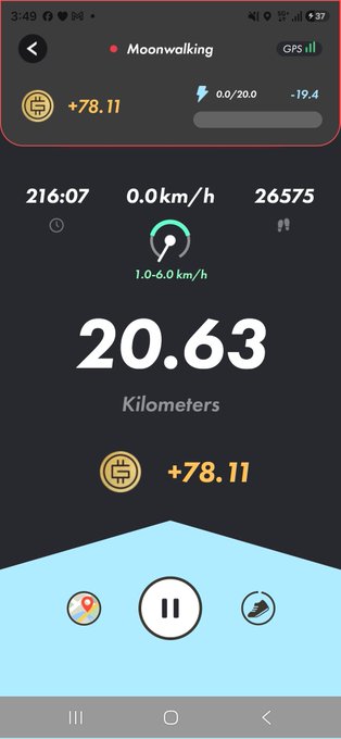 A fitness tracking app displays a completed "Moonwalking" activity with 20.63 kilometers covered, 216:07 duration, and earnings of +78.11, aligning with the post about running and recovering in the Golden Gai district.