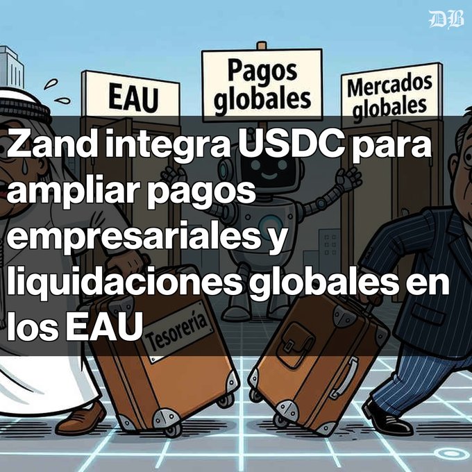 An illustrated editorial graphic about Zand integrating USDC for expanding business payments and global settlements in the UAE, featuring cartoon businessmen with suitcases and signs reading 'EAU', 'Pagos globales', and 'Mercados globales'.