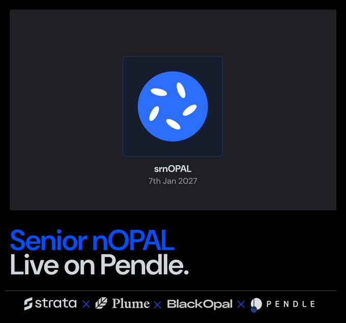 A promotional graphic features a blue circular logo with white oval shapes on a dark background, labeled "srmOPAL" with the date "7th Jan 2027," accompanied by the headline "Senior nOPAL Live on Pendle." Partner logos for Strata, Plume, BlackOpal, and Pendle appear at the bottom, visually representing the launch of senior tranche exposure on Pendle that the post describes as making the $600B+ credit card transaction market composable onchain.
