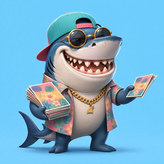 A 3D-rendered cartoon shark wearing a backwards green cap, sunglasses, a gold chain, and a floral shirt holds stacks of colorful cards against a blue background.