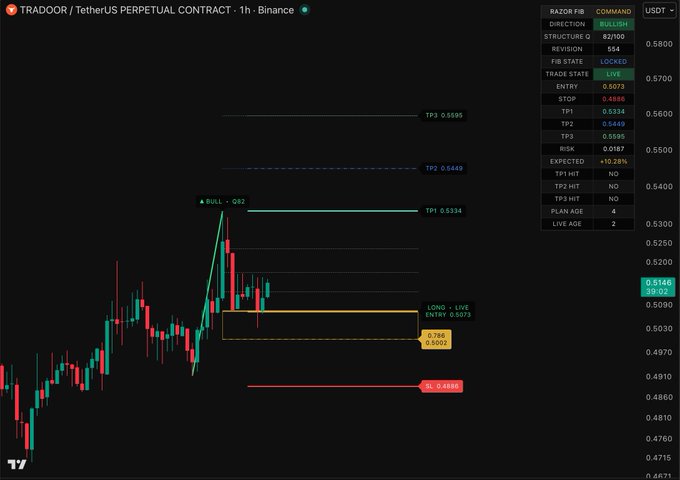 A TradingView chart for $TRADOOR/USDT perpetual contract shows a long position setup on Binance with entry at 0.5073 and three take-profit targets (TP1: 0.5334, TP2: 0.5449, TP3: 0.5595), supporting the bullish "TRADOOR" trade signal.
