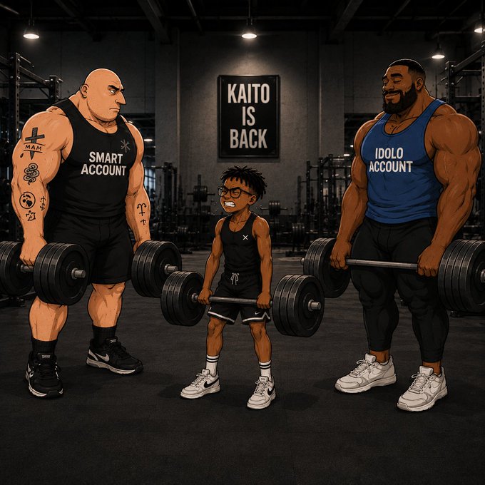 An anime-style illustration of three figures in a gym setting lifting heavy weights, wearing shirts labeled "SMART ACCOUNT," "KAITO IS BACK," and "IDOLO ACCOUNT."