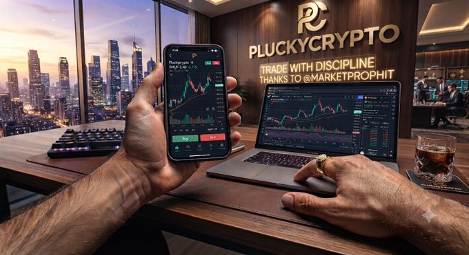 A promotional scene for 'PLUCKYCRYPTO' showing hands using a smartphone and laptop with trading charts, accompanied by the text 'TRADE WITH DISCIPLINE THANKS TO @MARKETPROPHET'.