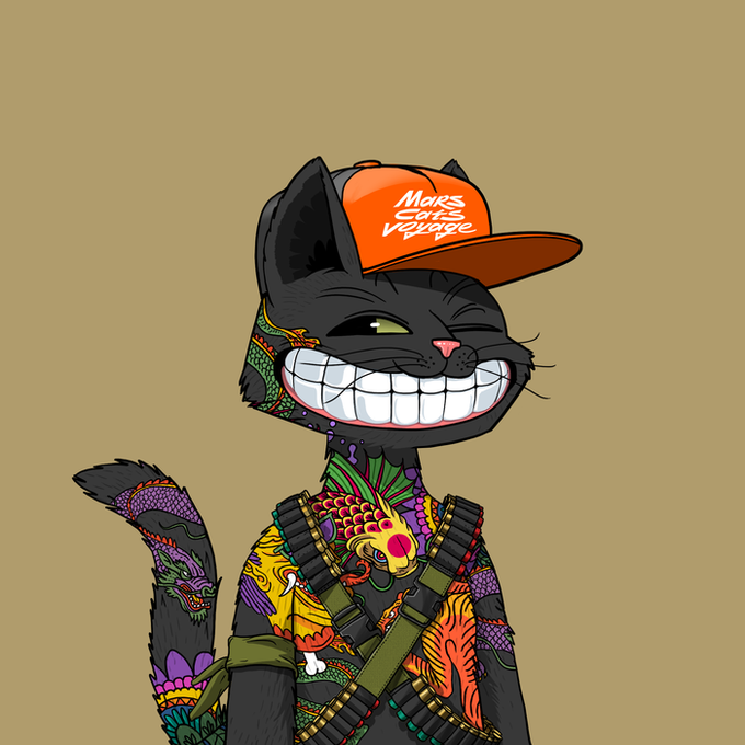 A cartoon black cat wearing an orange 'Mars Craze Voyage' cap winks and grins, featuring colorful tattoo-style artwork and bandoliers across its chest.