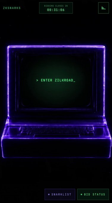 A neon purple laptop with a green terminal displaying "> ENTER ZILKROAD..." against a dark background, featuring a "BIDDING CLOSES IN 00:31:06" countdown timer, "ZKSNARKS" branding, and "SHARKLIST" and "BID STATUS" navigation buttons at the bottom.