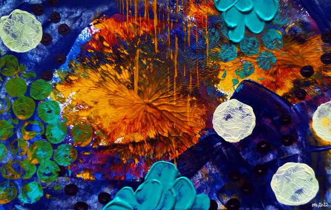 A vibrant abstract NFT artwork featuring explosive bursts of orange, yellow, and blue paint with textured circular elements scattered across the composition, signed "mf2022" in the bottom right corner—perfectly capturing the energetic and creative spirit to kick off a new week.