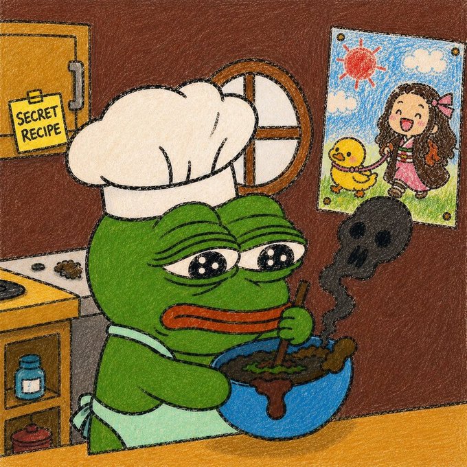 A colored pencil drawing of a sad Pepe the Frog wearing a chef's hat and apron, stirring a bubbling blue cauldron with a skull face emerging from the smoke, while a 'SECRET RECIPE' clipboard and a child's drawing of a girl with a duck hang on the brown wall.