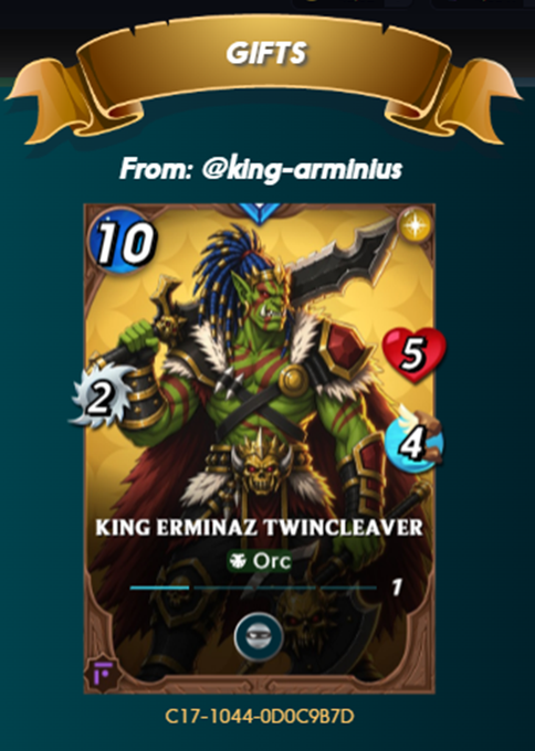 A "GIFTS" screen from Splinterlands displays a received Orc card titled "KING ERMINAZ TWINCLEAVER" (cost 10, with stats 5 and 4) from "@king-arminius," aligning with the post celebrating a reward from the @KING_ARMINIUS event giveaway.