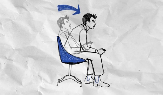 A hand-drawn illustration on crumpled paper showing a person sitting on a blue chair playing video games, with a blue arrow indicating good posture transformation.