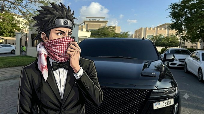 An anime-style illustration of a ninja character in a suit and red bandana standing next to a black SUV in a Middle Eastern setting, with a license plate reading '03331'.