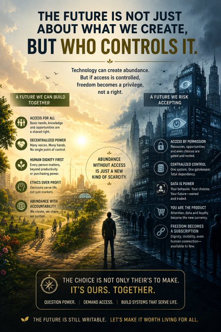 An infographic titled 'THE FUTURE IS NOT JUST ABOUT WHAT WE CREATE, BUT WHO CONTROLS IT,' contrasting a utopian 'future we can build together' featuring access, decentralized power, and human dignity, against a dystopian 'future we risk accepting' with centralized control and data as power, ending with 'THE CHOICE IS NOT ONLY THEIRS TO MAKE. IT'S OURS. TOGETHER.'