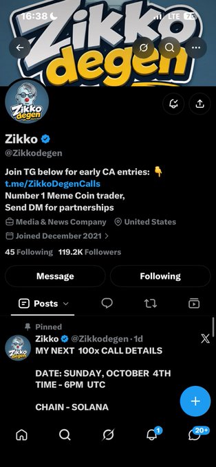 A Twitter profile for "Zikko @Zikkodegen," the "Number 1 Meme Coin trader," promotes early CA entries via "t.me/ZikkoDegenCalls" and announces a "100x CALL" on Sunday, October 4th at 6PM UTC on the Solana chain.