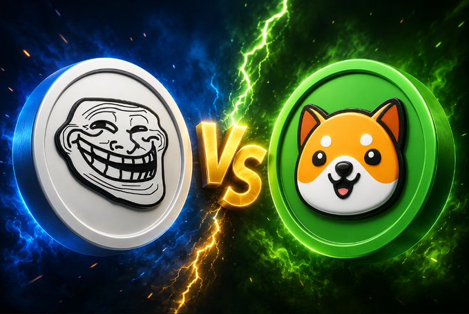 A split visual showdown featuring a silver coin with the "Trollface" meme on the left against blue energy, versus a green coin with a Shiba Inu dog face on the right against green energy, with a glowing gold "VS" and lightning bolt dividing them—directly illustrating the $TROLL vs. $BABYDOGE memecoin battle posed in the caption.