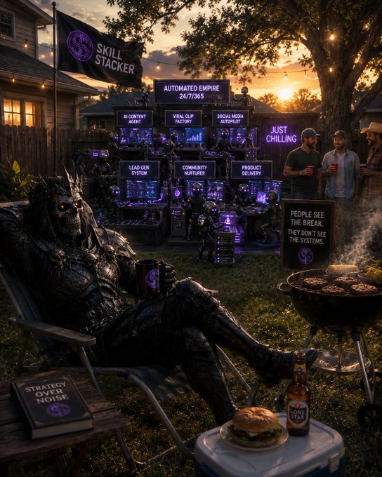 A surreal outdoor scene at sunset showing a skeletal figure in armor relaxing in a lawn chair at a barbecue, surrounded by glowing screens displaying business-related text like "SKILL STACKER", "AUTOMATED EMPIRE", and "LEAD GEN SYSTEM".